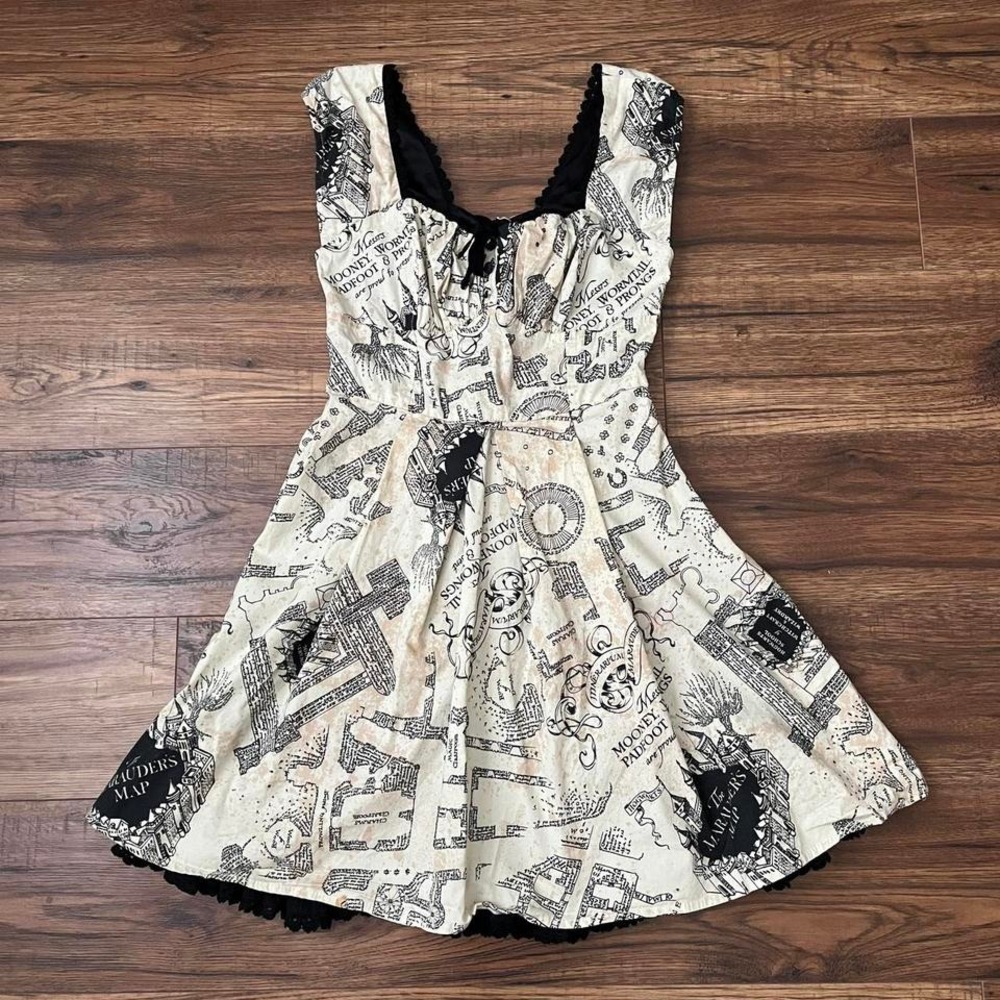 Harry Potter‎ Hot Topic Corset Dress Lace Trim Marauders Map Fairy Dark Academia
